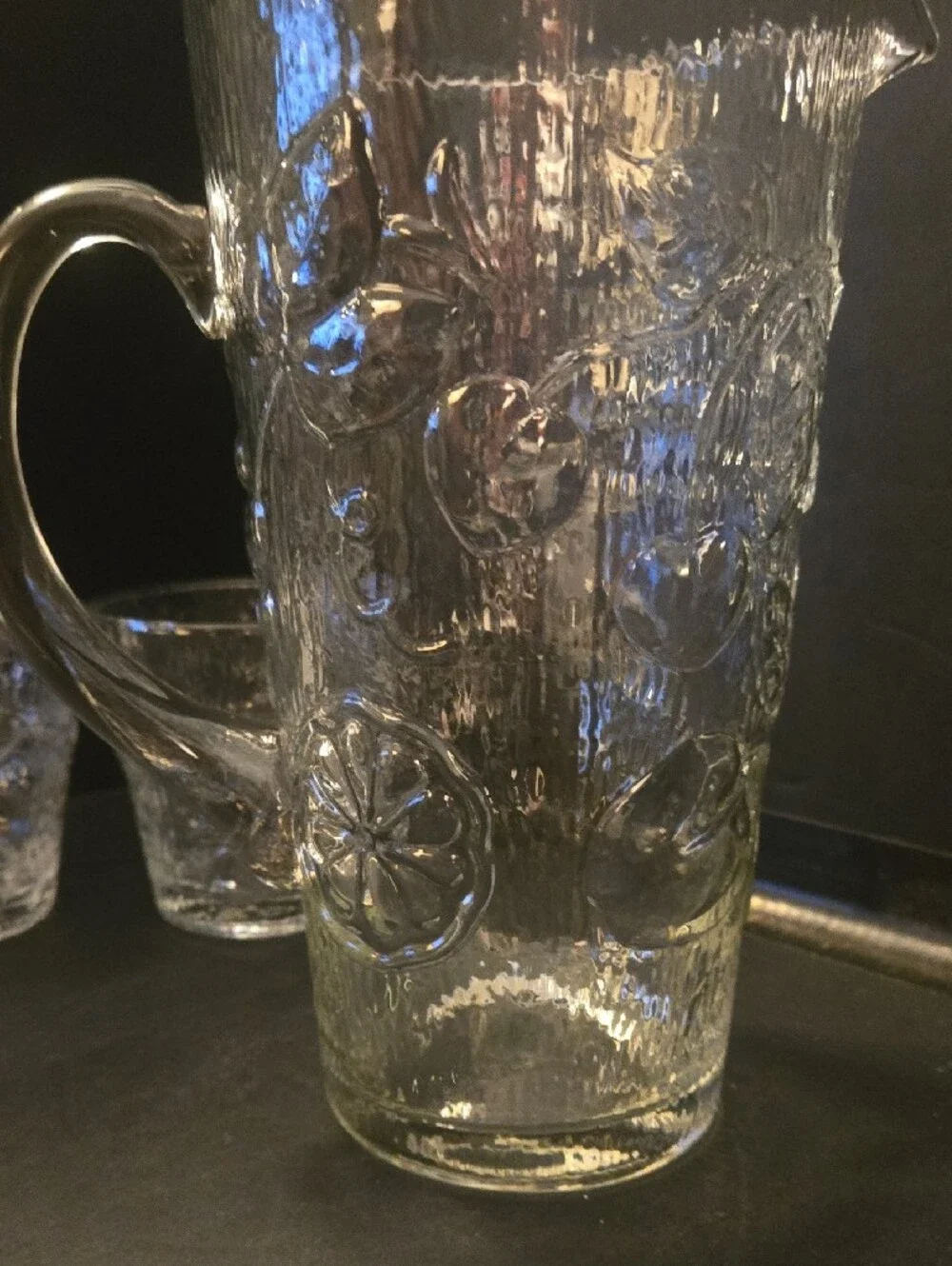 Williams Sonoma Clear Embossed Glass Juice Pitcher with 4 Matching Tumblers